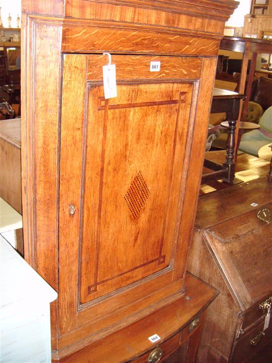 George III inlaid oak hanging corner cupboard